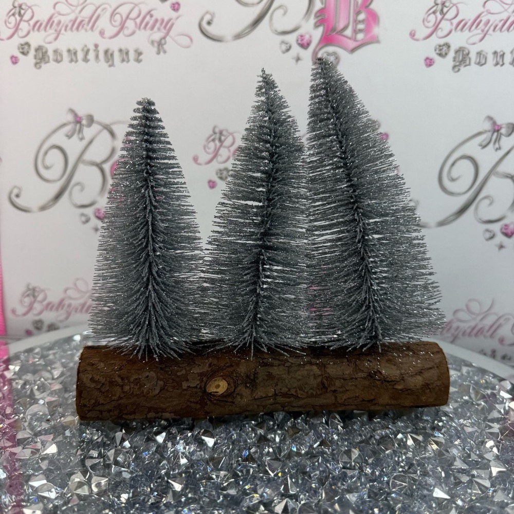 Silver Mini Brush Tree Trio on Wood Base - Holiday Home Decor